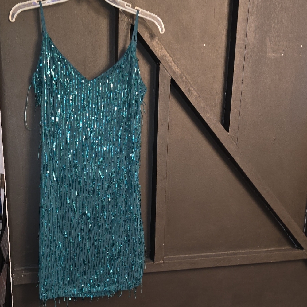Teal Sequin Fringe Dress